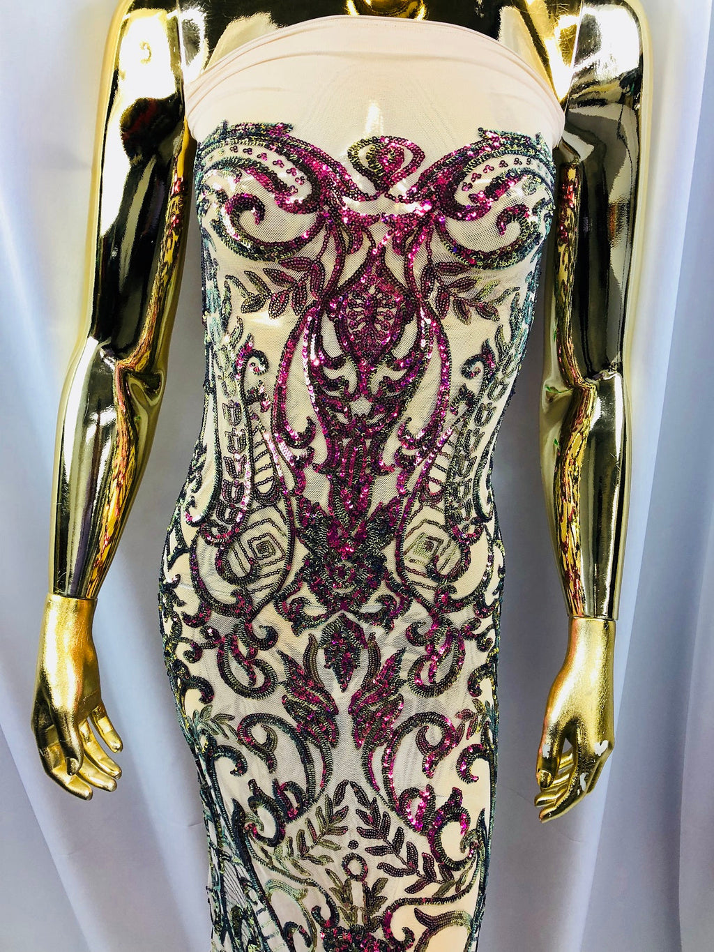 Iridescent - Magenta Gold - 4 Way Stretch Sequins Vines Pattern Fabric  - Sold By The Yard