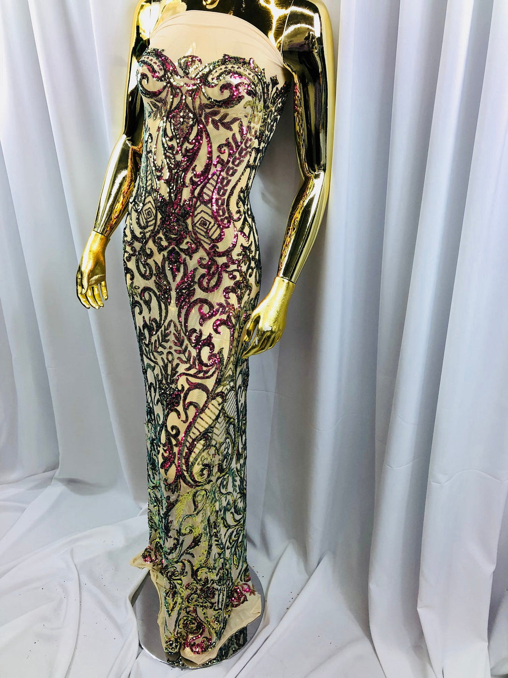 Iridescent - Magenta Gold - 4 Way Stretch Sequins Vines Pattern Fabric  - Sold By The Yard