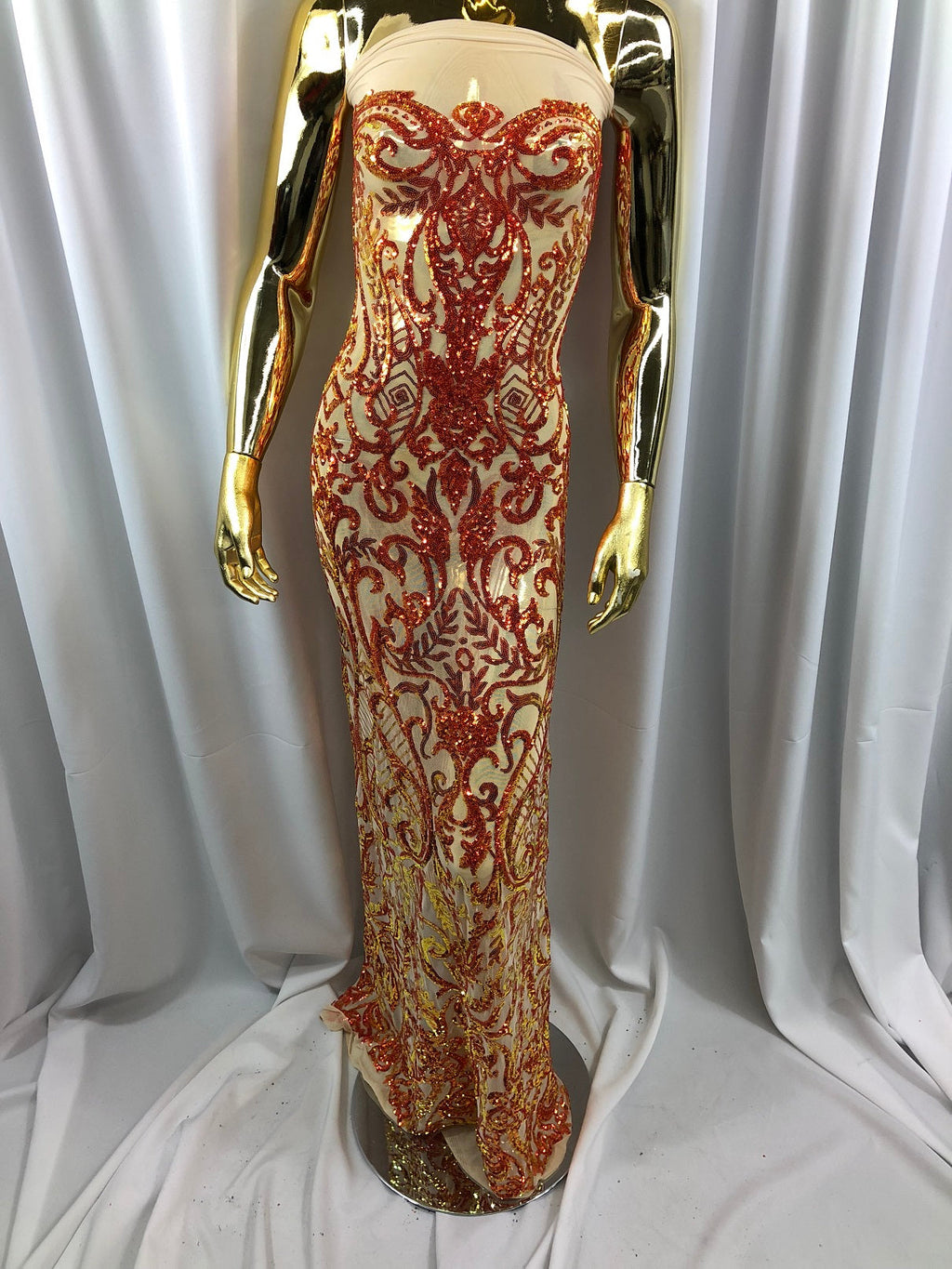Iridescent - Orange / Nude - 4 Way Stretch Sequins Vines Pattern Fabric  - Sold By The Yard