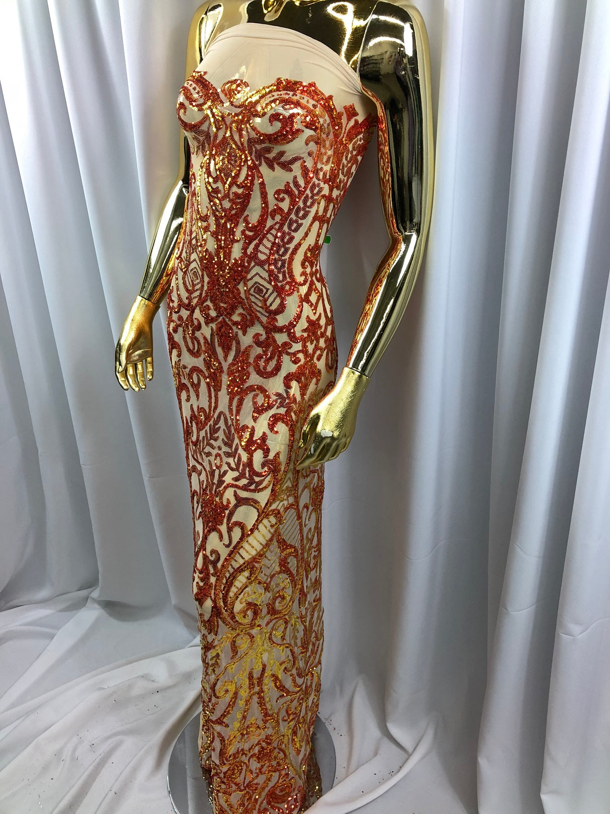 Iridescent - Orange / Nude - 4 Way Stretch Sequins Vines Pattern Fabric  - Sold By The Yard