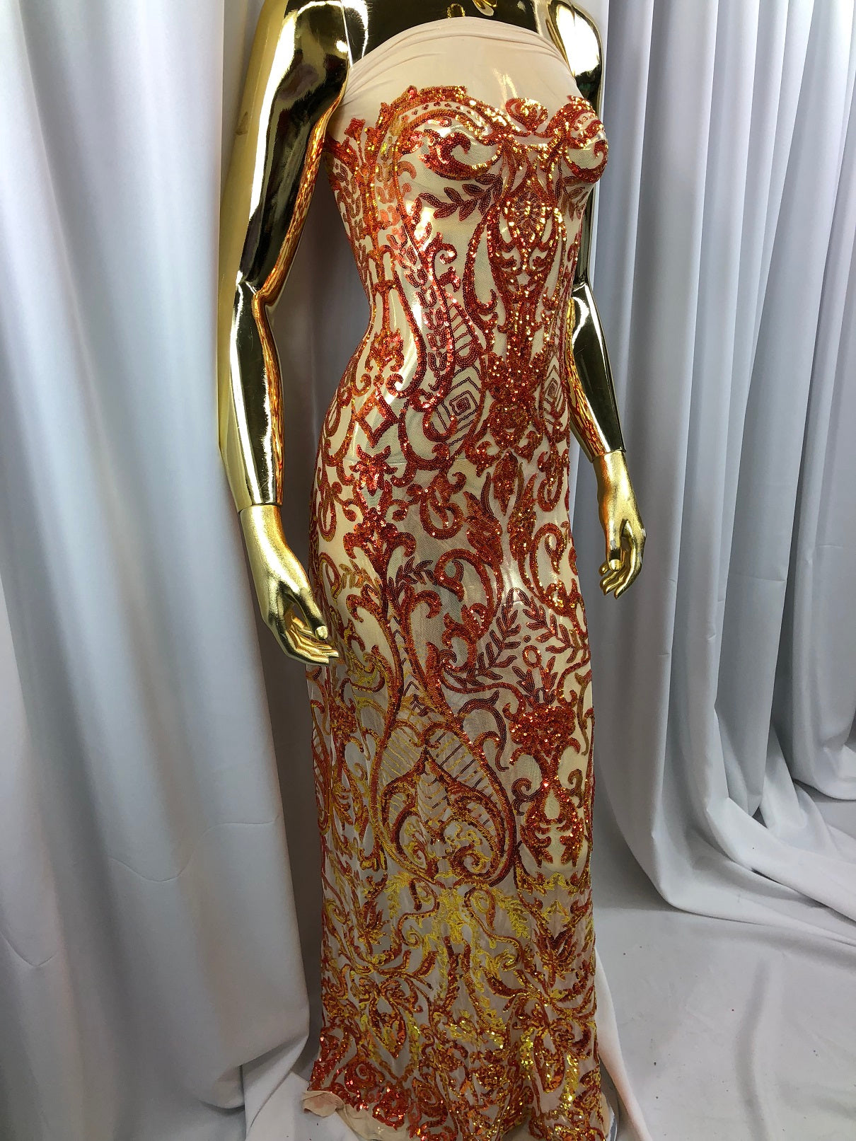 Iridescent - Orange / Nude - 4 Way Stretch Sequins Vines Pattern Fabric  - Sold By The Yard