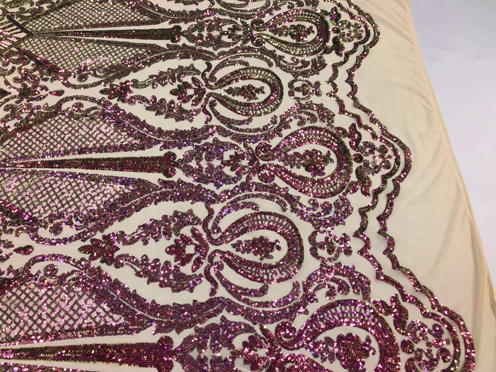 Iridescent - Magenta Gold - 4 Way Stretch Sequins Design Pattern Fabric  - Sold By The Yard