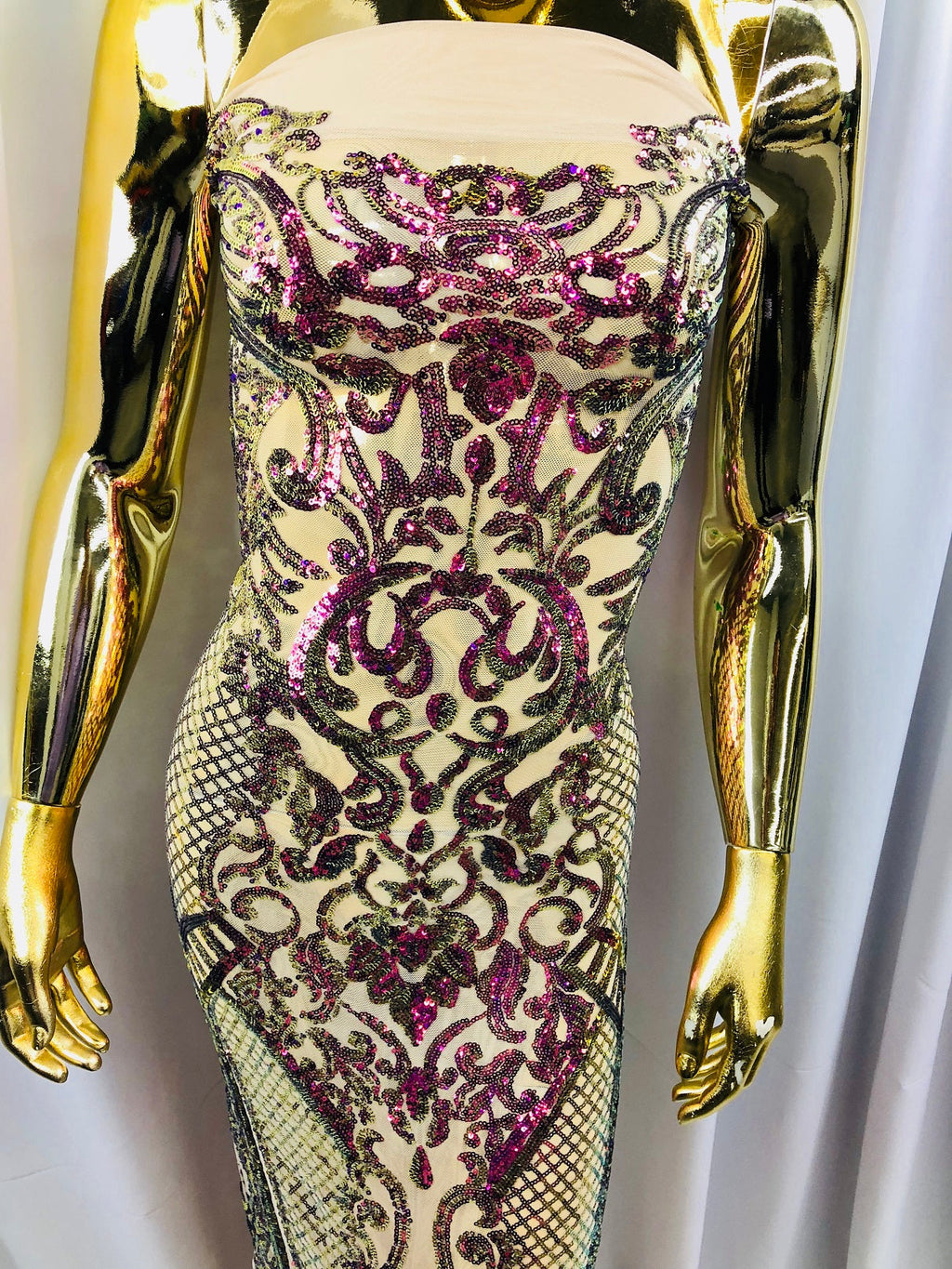 Iridescent - Magenta Gold - 4 Way Stretch Sequins Design Pattern Fabric  - Sold By The Yard