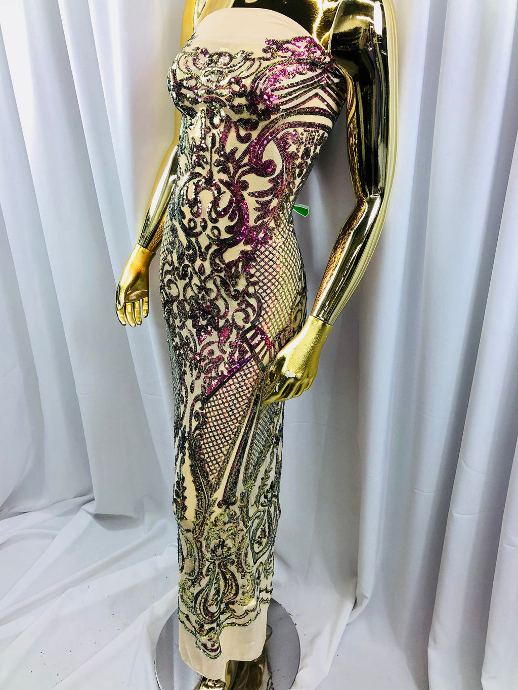 Iridescent - Magenta Gold - 4 Way Stretch Sequins Design Pattern Fabric  - Sold By The Yard