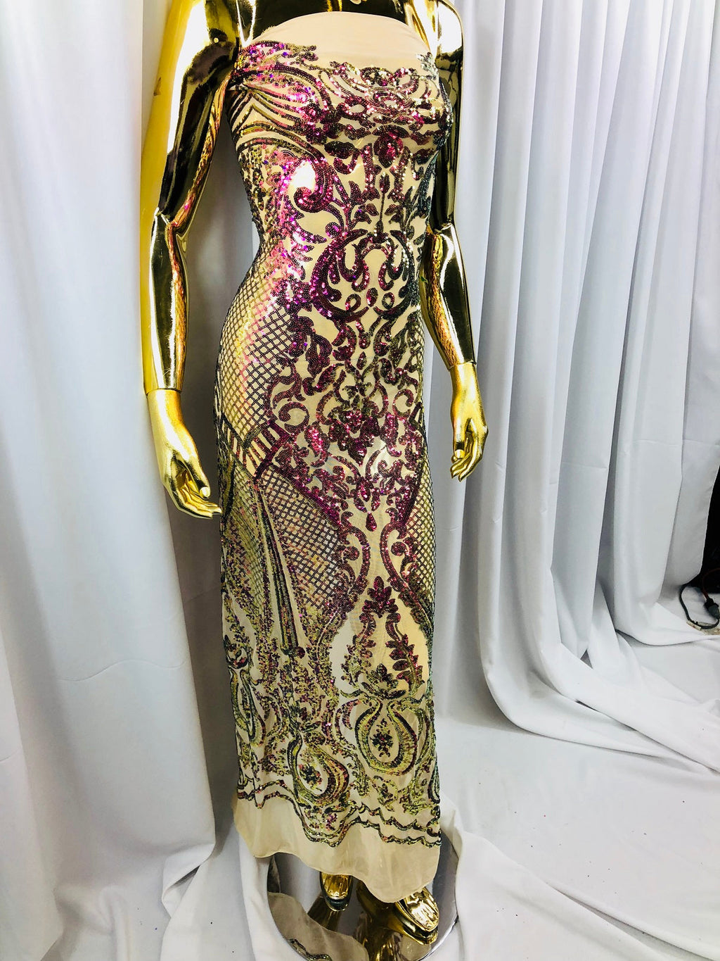 Iridescent - Magenta Gold - 4 Way Stretch Sequins Design Pattern Fabric  - Sold By The Yard