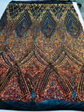 Iridescent Orange - 4 Way Stretch Sequins Pattern Fabric on Black Mesh Sold By The Yard