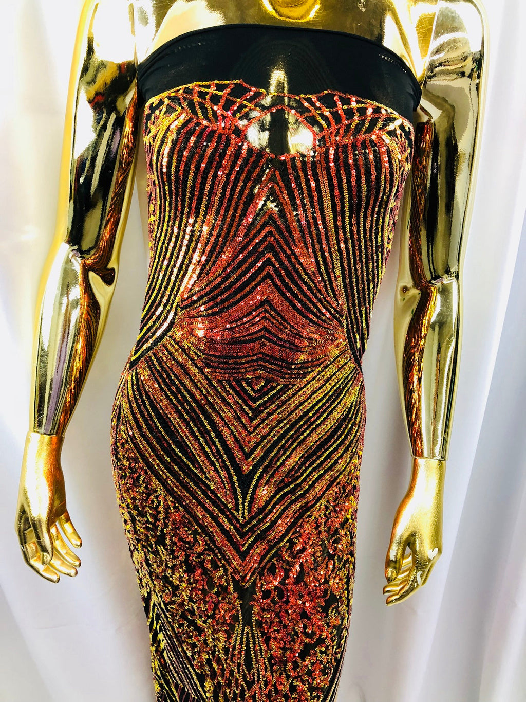 Iridescent Orange - 4 Way Stretch Sequins Pattern Fabric on Black Mesh Sold By The Yard