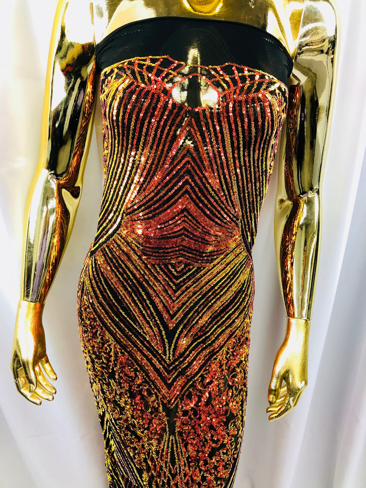 Iridescent Orange - 4 Way Stretch Sequins Pattern Fabric on Black Mesh Sold By The Yard