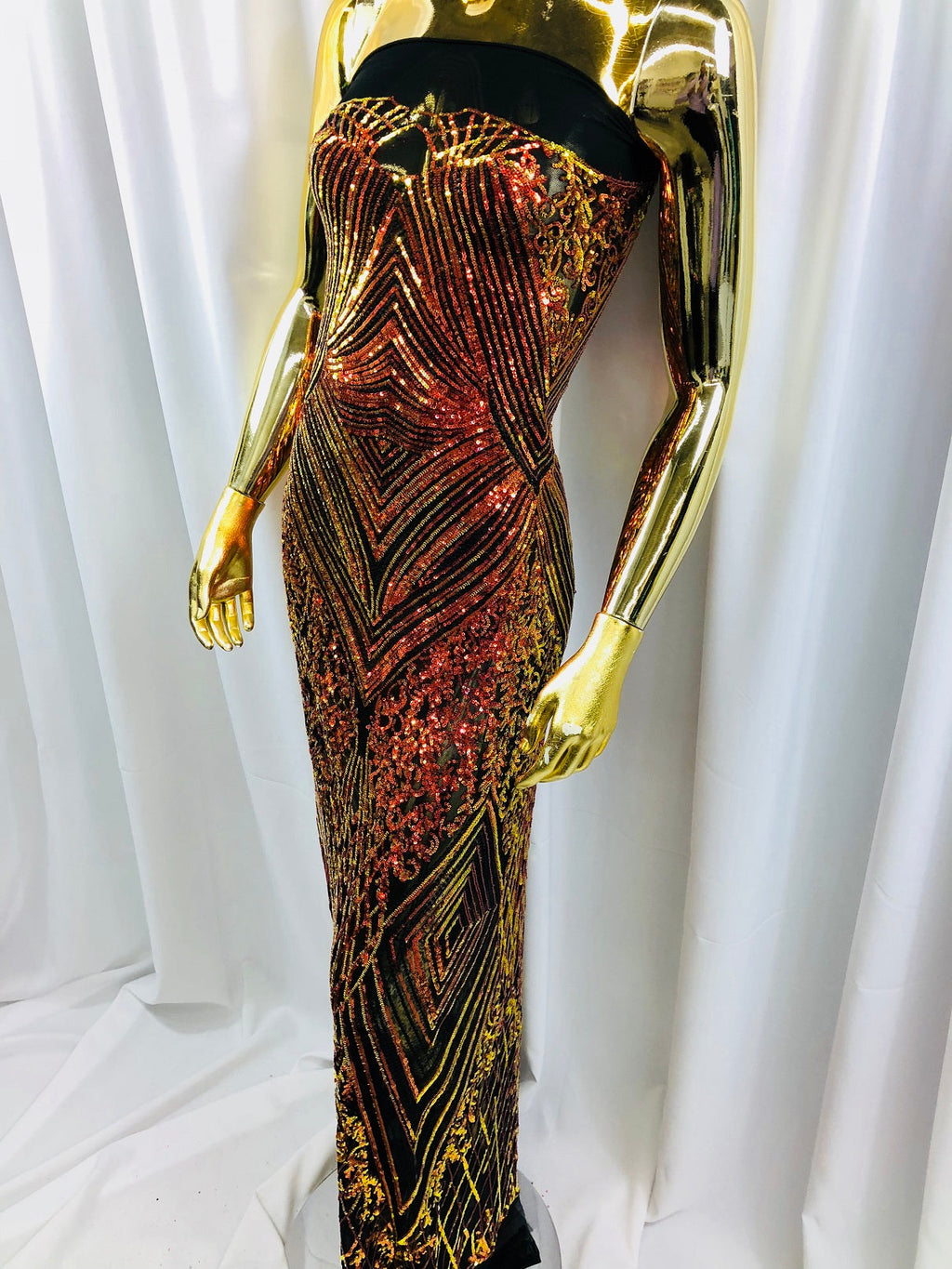 Iridescent Orange - 4 Way Stretch Sequins Pattern Fabric on Black Mesh Sold By The Yard