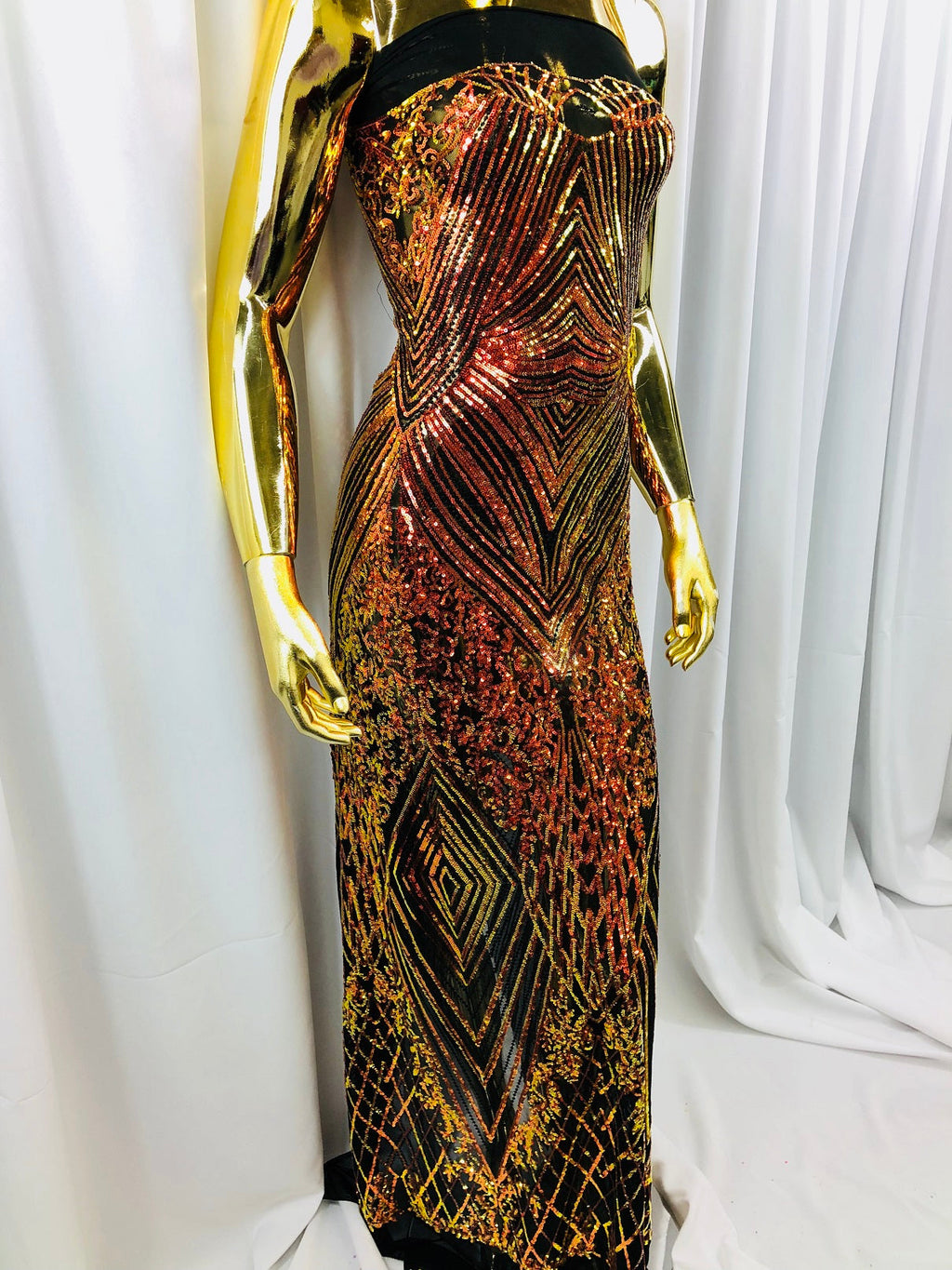 Iridescent Orange - 4 Way Stretch Sequins Pattern Fabric on Black Mesh Sold By The Yard