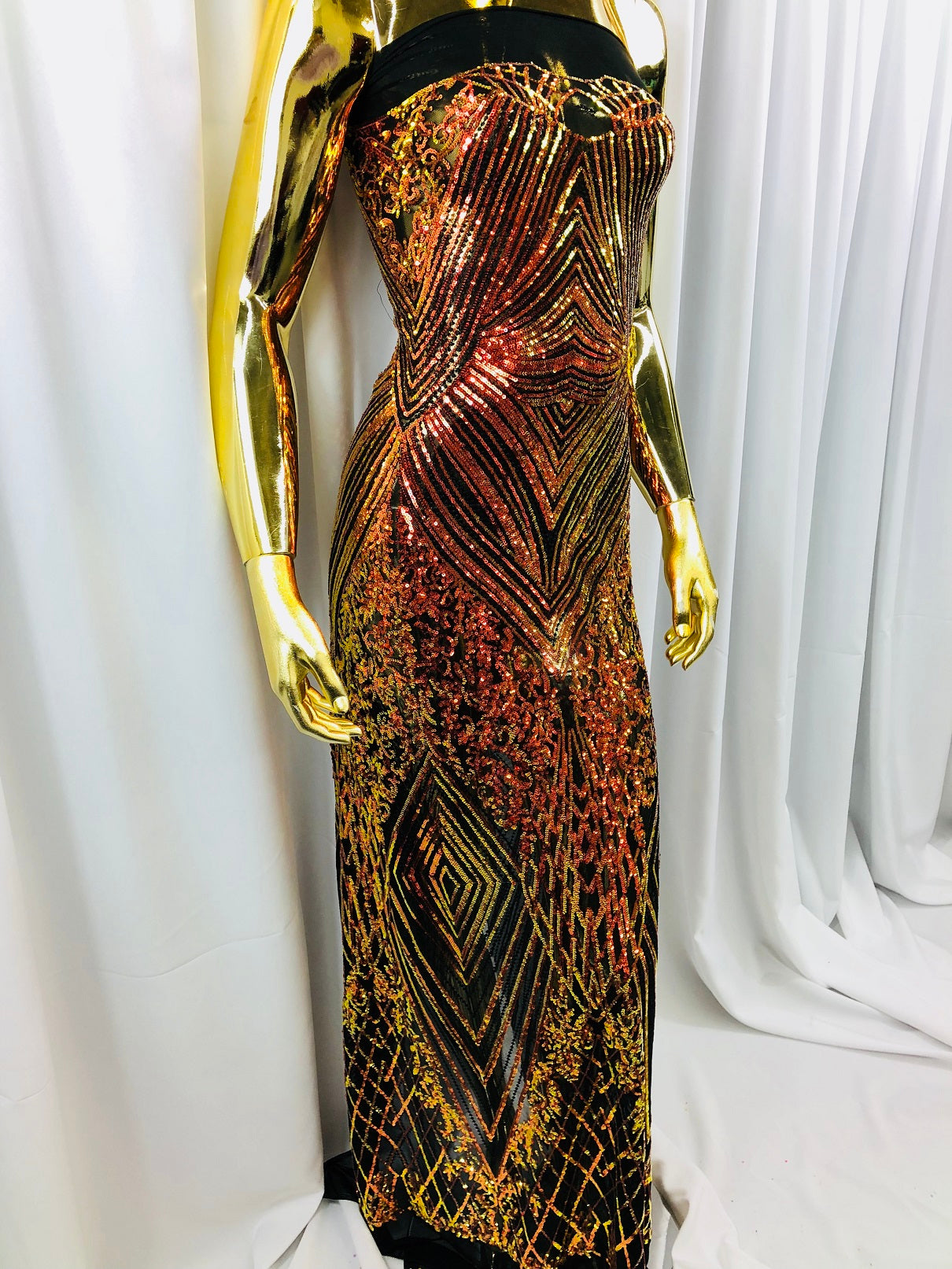 Iridescent Orange - 4 Way Stretch Sequins Pattern Fabric on Black Mesh Sold By The Yard