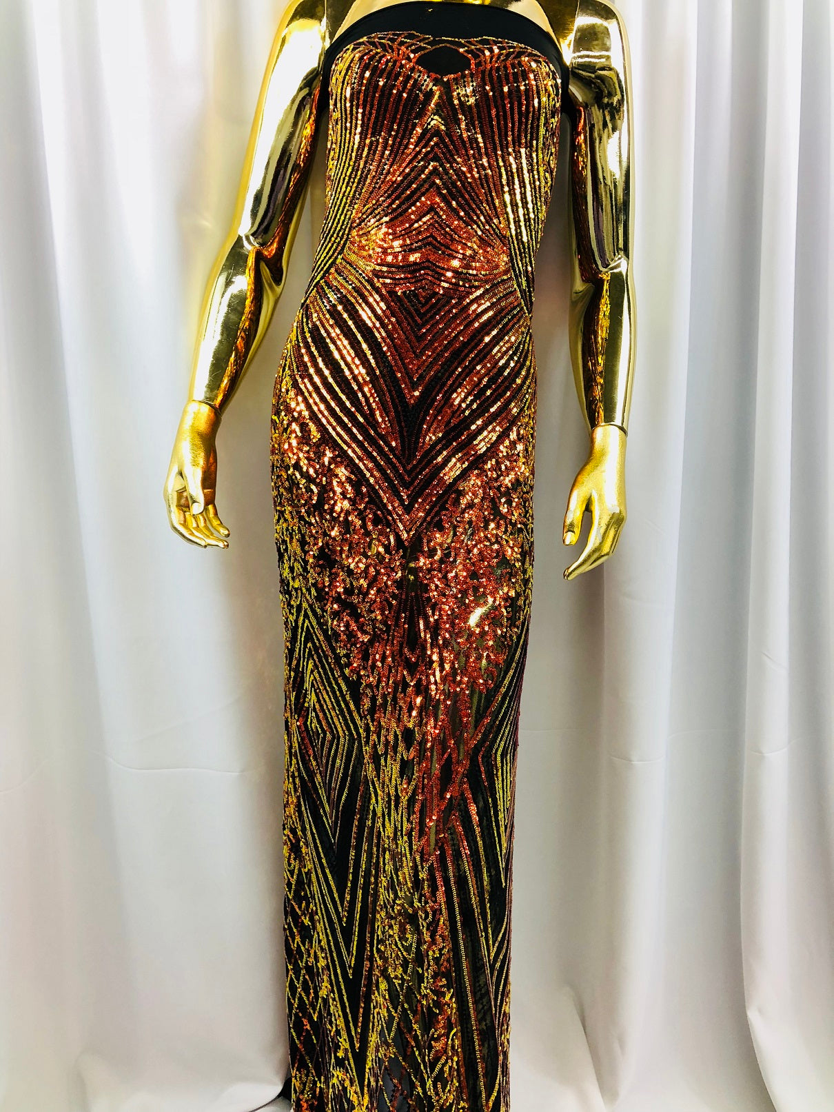 Iridescent Orange - 4 Way Stretch Sequins Pattern Fabric on Black Mesh Sold By The Yard