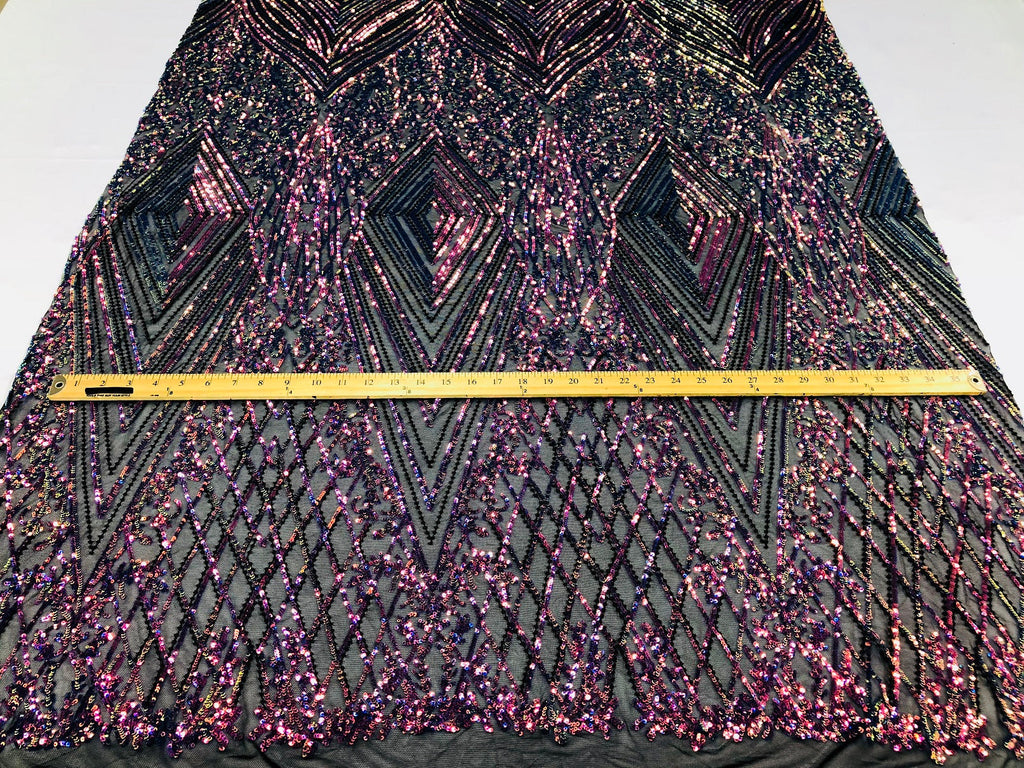 Iridescent - Magenta Rainbow 4 Way Stretch Sequins Pattern Fabric on Black Mesh - Sold By The Yard