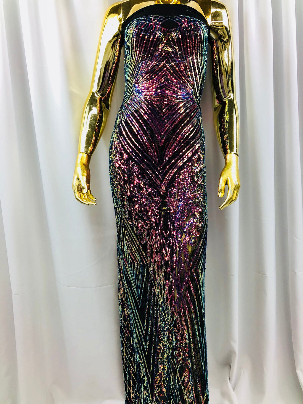 Iridescent - Magenta Rainbow 4 Way Stretch Sequins Pattern Fabric on Black Mesh - Sold By The Yard