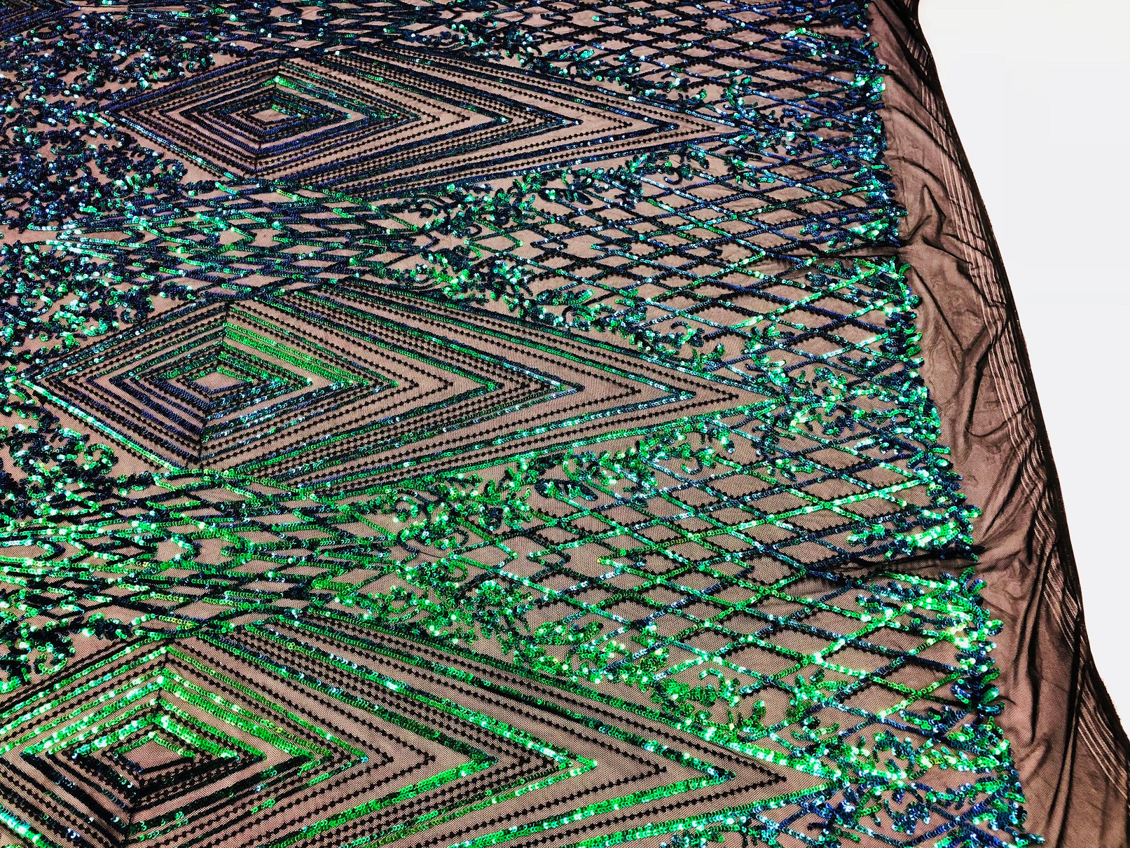 Iridescent - Blue/Green - 4 Way Stretch Sequins Pattern Fabric on Black Mesh - Sold By The Yard
