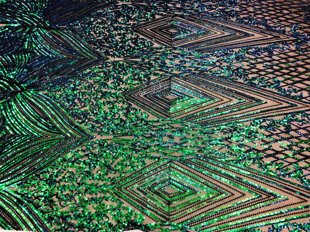 Iridescent - Blue/Green - 4 Way Stretch Sequins Pattern Fabric on Black Mesh - Sold By The Yard