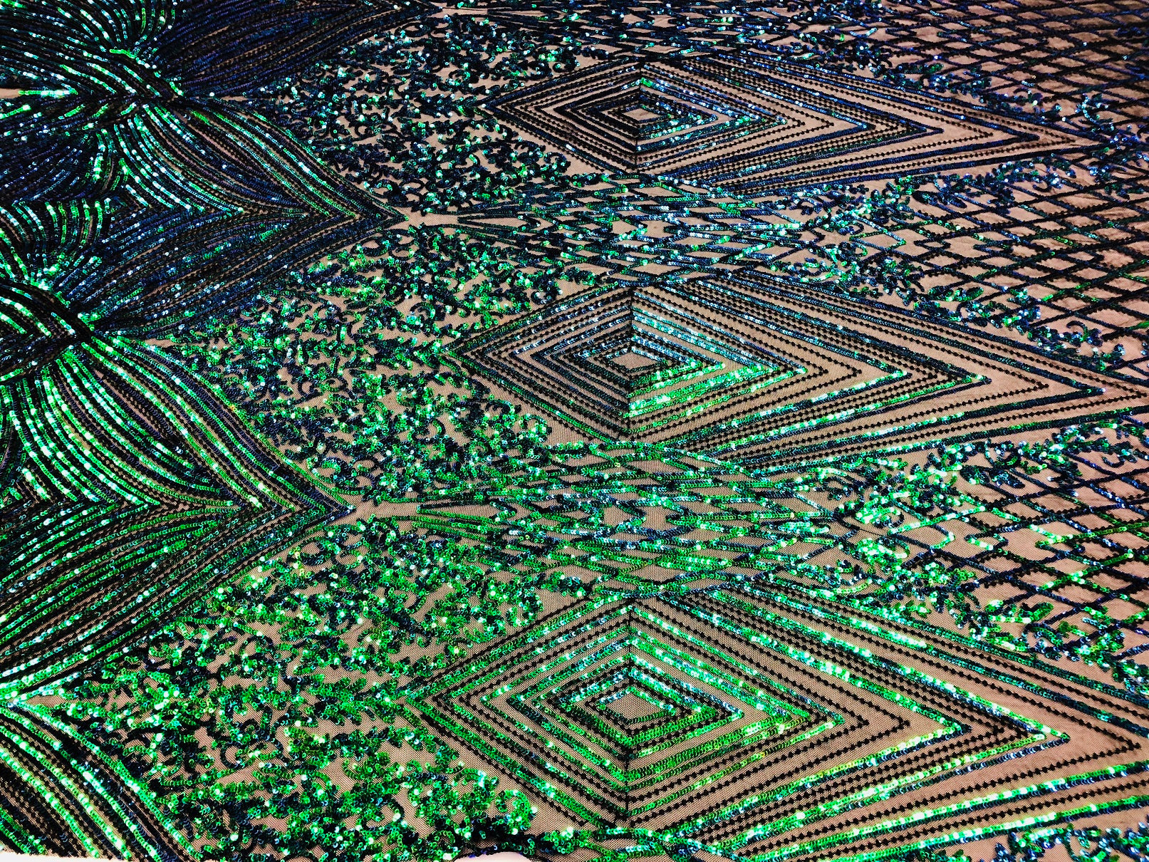 Iridescent - Blue/Green - 4 Way Stretch Sequins Pattern Fabric on Black Mesh - Sold By The Yard