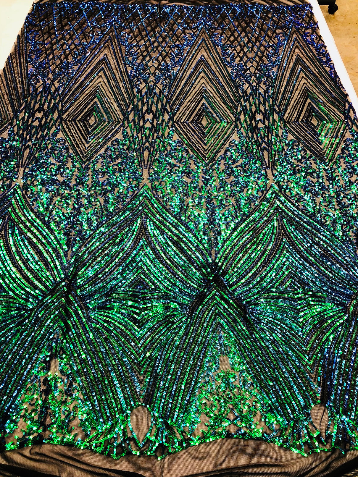 Iridescent - Blue/Green - 4 Way Stretch Sequins Pattern Fabric on Black Mesh - Sold By The Yard