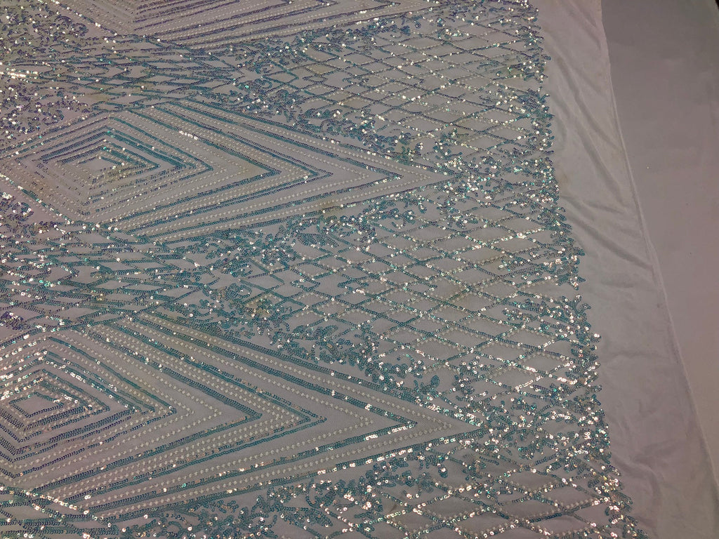 Iridescent - Baby Blue - 4 Way Stretch Sequins Pattern Fabric on White Mesh - Sold By The Yard