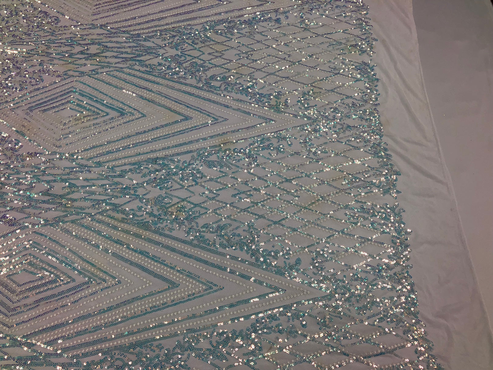Iridescent - Baby Blue - 4 Way Stretch Sequins Pattern Fabric on White Mesh - Sold By The Yard