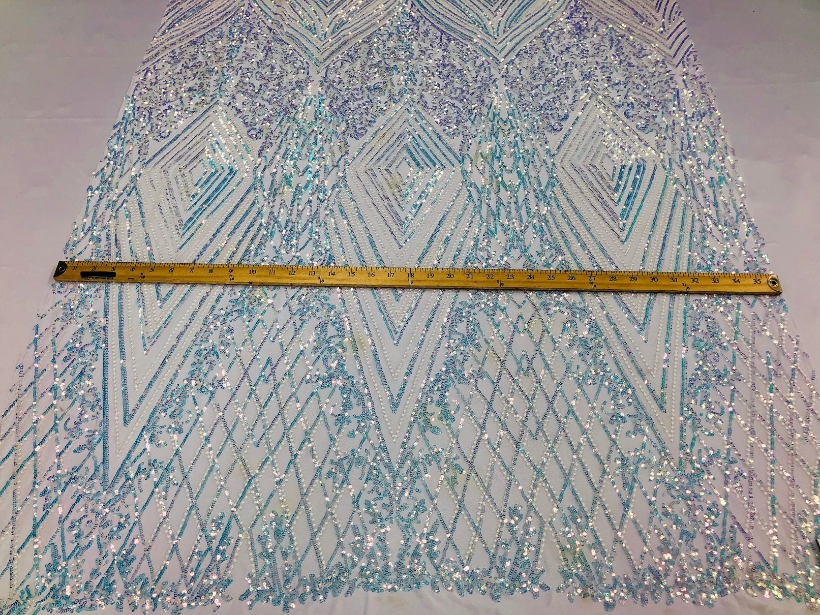 Iridescent - Baby Blue - 4 Way Stretch Sequins Pattern Fabric on White Mesh - Sold By The Yard