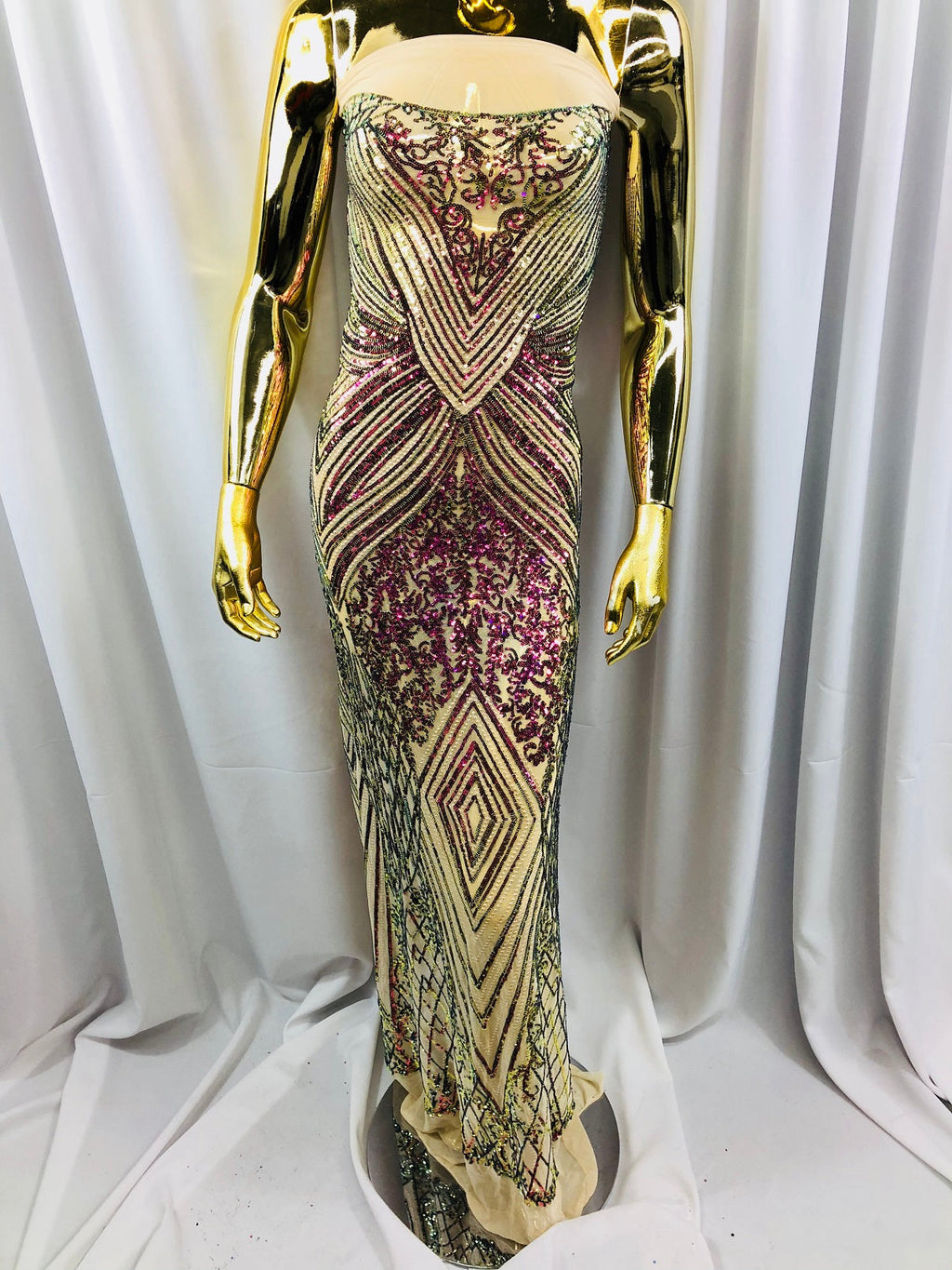 Iridescent - Fuschia/Gold - 4 Way Stretch Sequins Pattern Fabric on Mesh - Sold By The Yard