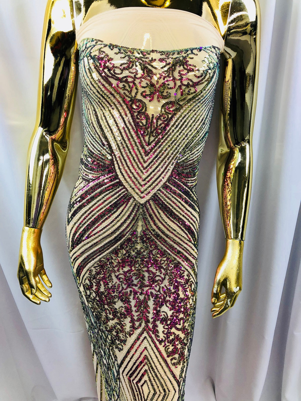 Iridescent - Fuschia/Gold - 4 Way Stretch Sequins Pattern Fabric on Mesh - Sold By The Yard