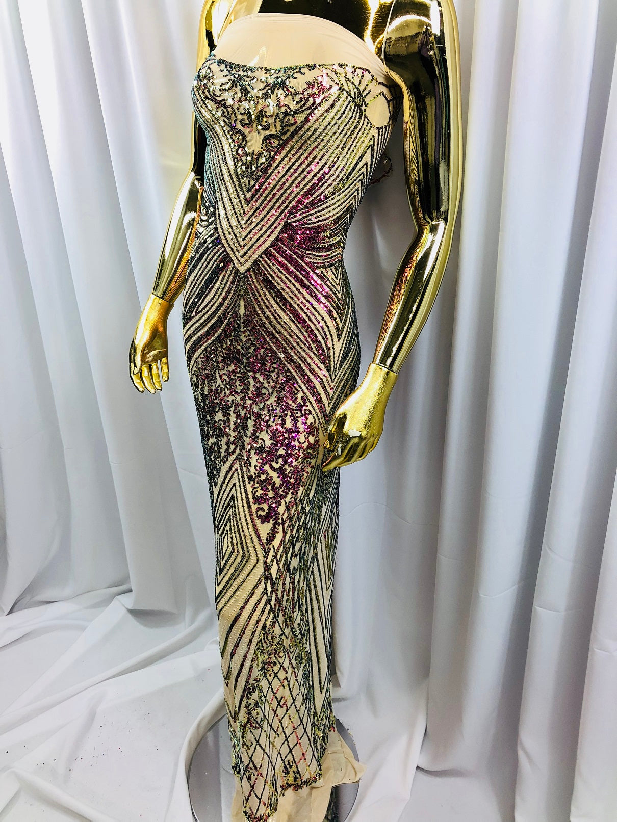 Iridescent - Fuschia/Gold - 4 Way Stretch Sequins Pattern Fabric on Mesh - Sold By The Yard