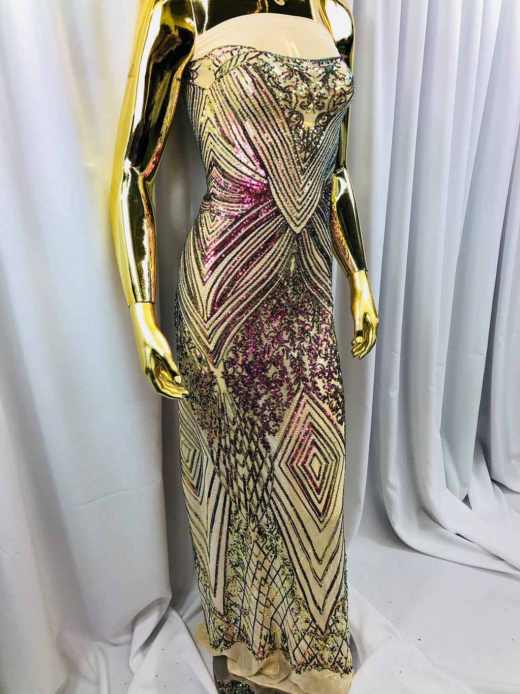 Iridescent - Fuschia/Gold - 4 Way Stretch Sequins Pattern Fabric on Mesh - Sold By The Yard