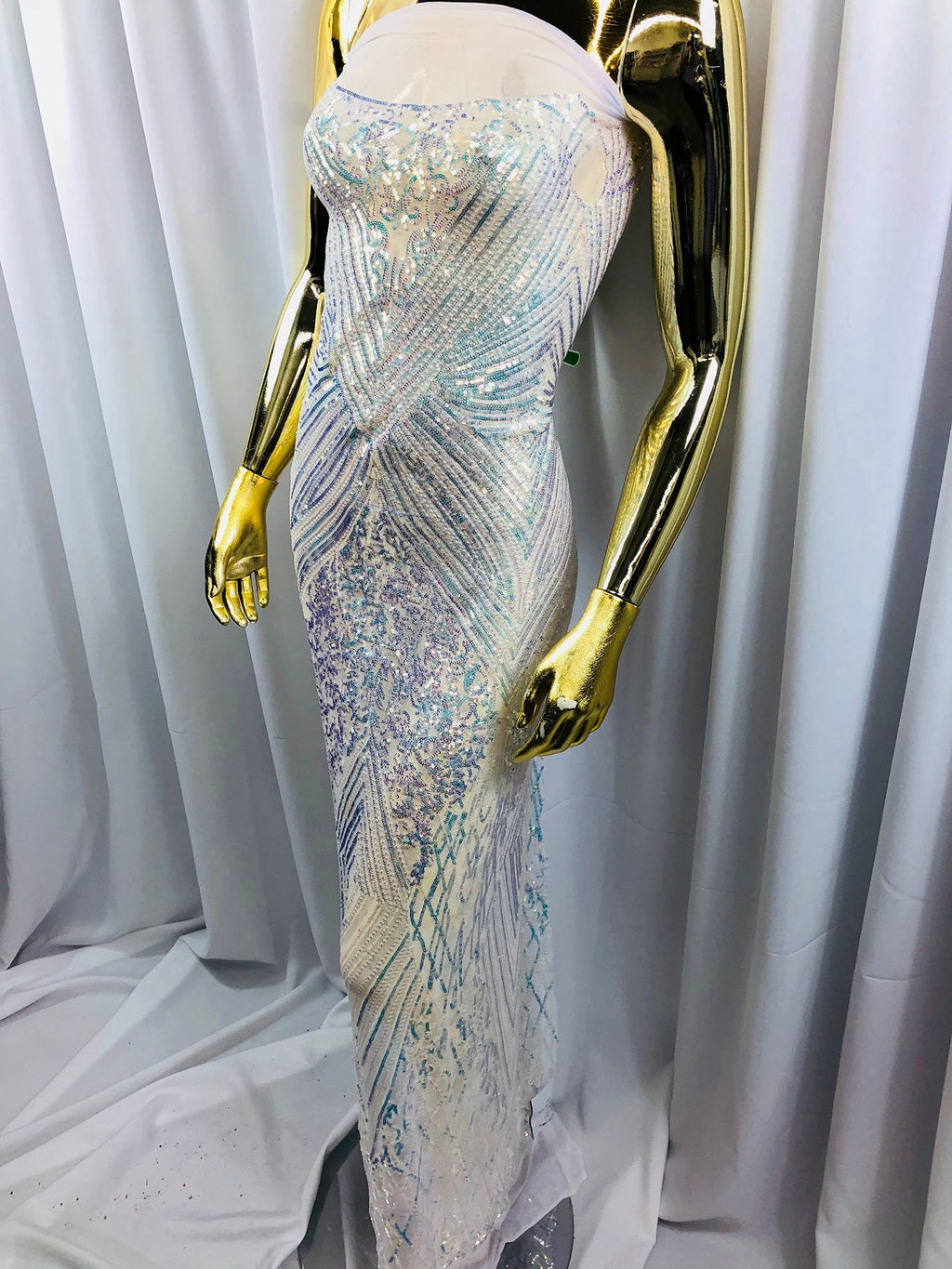 Iridescent - Baby Blue - 4 Way Stretch Sequins Pattern Fabric on White Mesh - Sold By The Yard