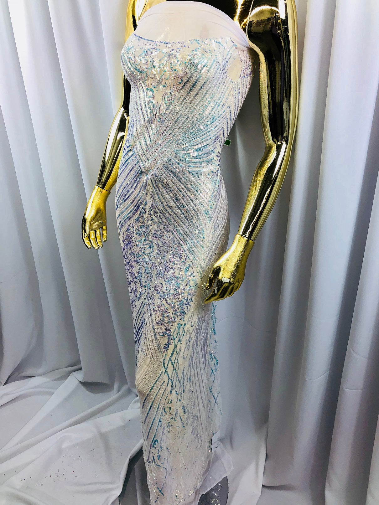 Iridescent - Baby Blue - 4 Way Stretch Sequins Pattern Fabric on White Mesh - Sold By The Yard
