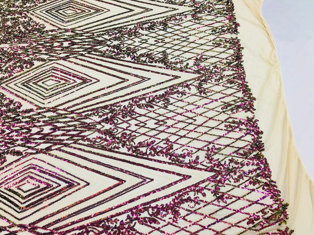 Iridescent - Fuschia/Gold - 4 Way Stretch Sequins Pattern Fabric on Mesh - Sold By The Yard