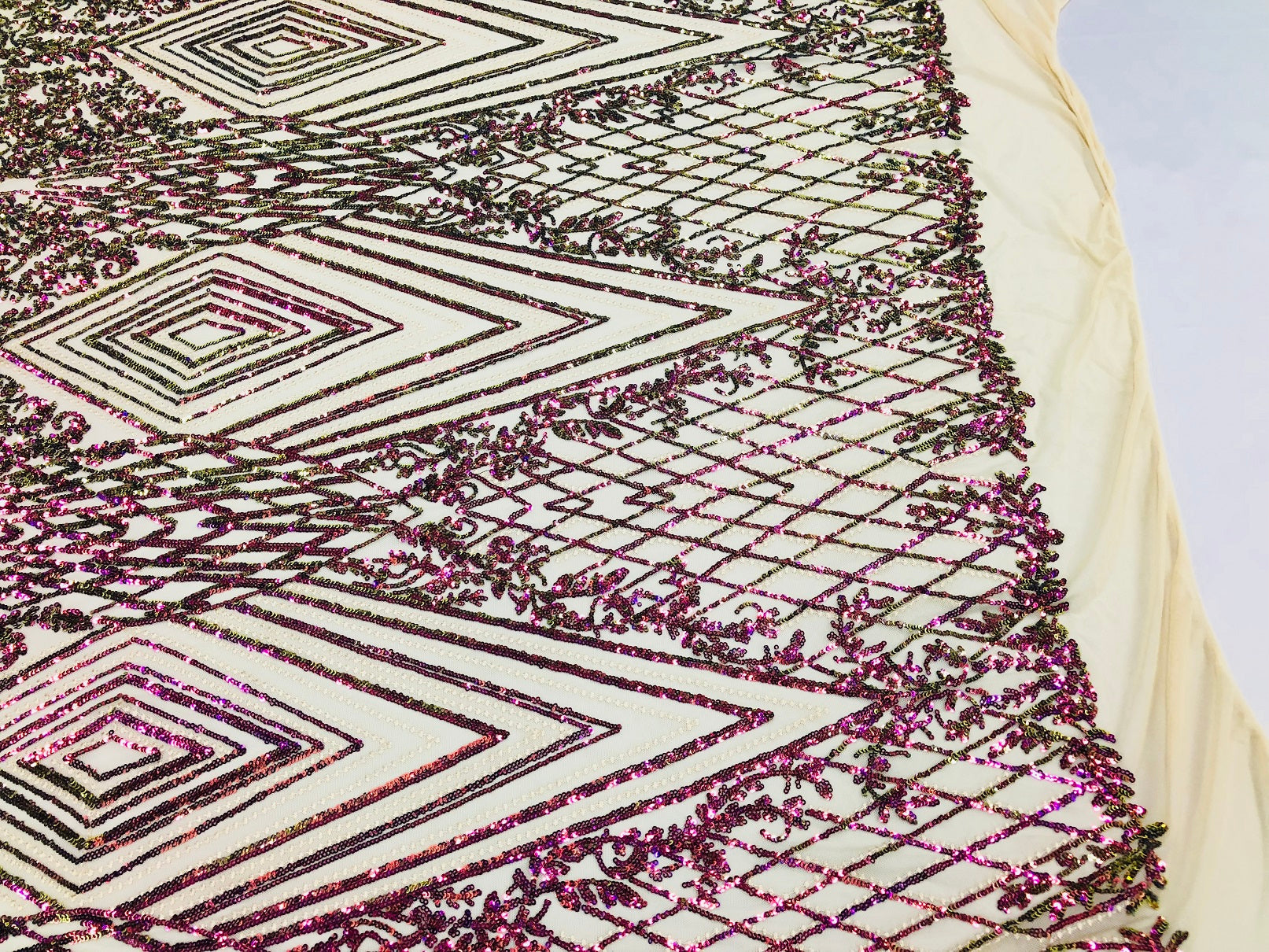 Iridescent - Fuschia/Gold - 4 Way Stretch Sequins Pattern Fabric on Mesh - Sold By The Yard