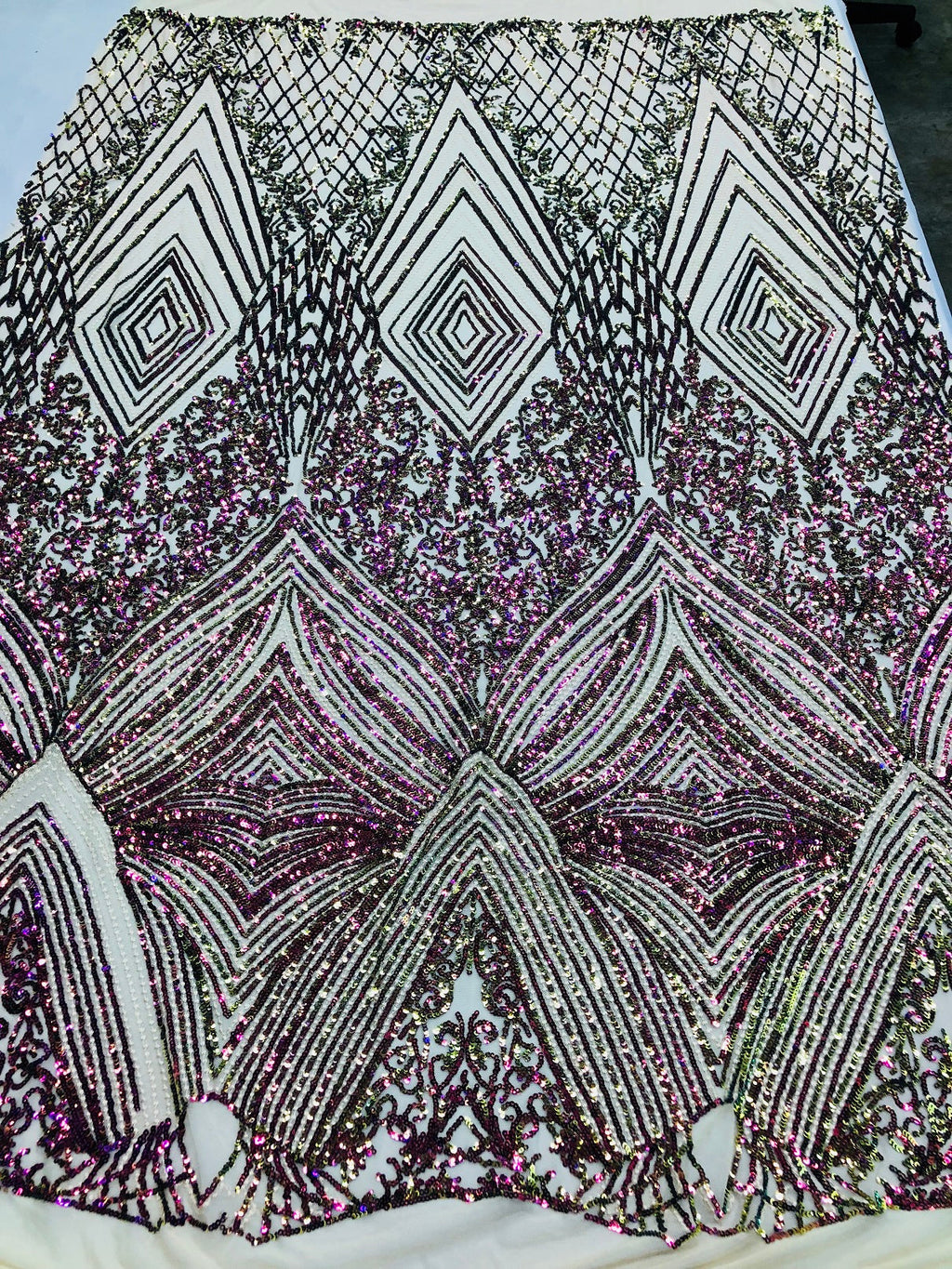 Iridescent - Fuschia/Gold - 4 Way Stretch Sequins Pattern Fabric on Mesh - Sold By The Yard
