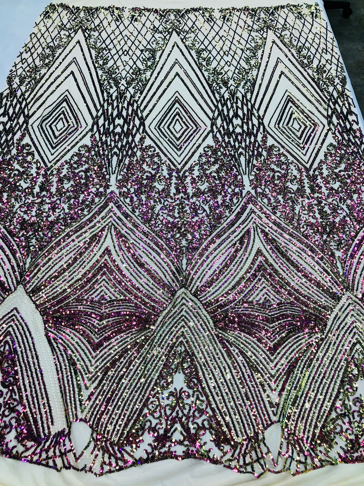 Iridescent - Fuschia/Gold - 4 Way Stretch Sequins Pattern Fabric on Mesh - Sold By The Yard