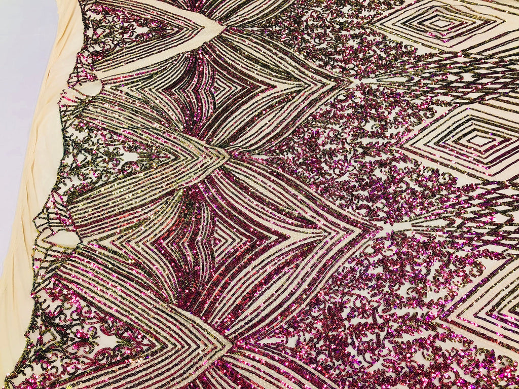 Iridescent - Fuschia/Gold - 4 Way Stretch Sequins Pattern Fabric on Mesh - Sold By The Yard