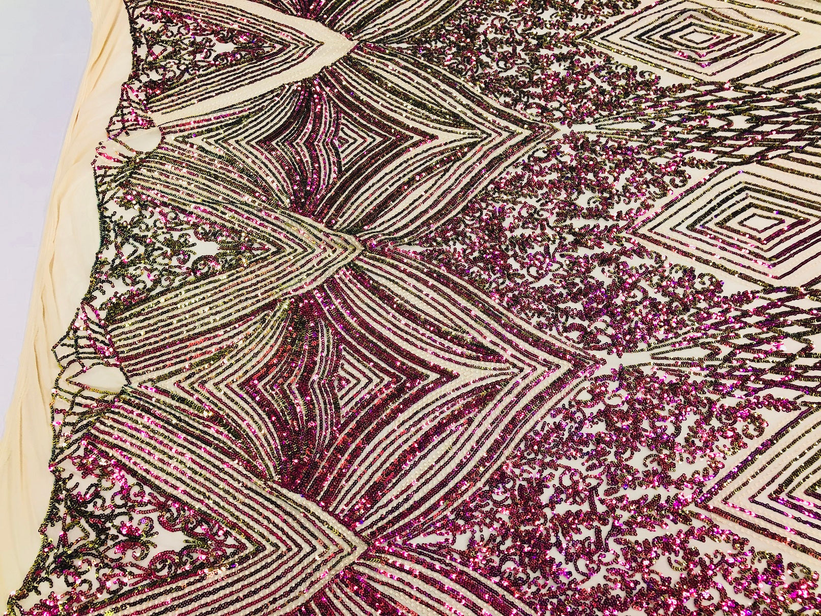 Iridescent - Fuschia/Gold - 4 Way Stretch Sequins Pattern Fabric on Mesh - Sold By The Yard