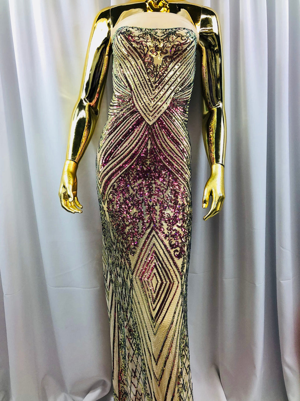 Iridescent - Fuschia/Gold - 4 Way Stretch Sequins Pattern Fabric on Mesh - Sold By The Yard