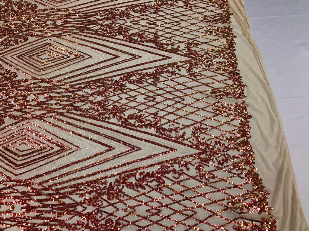 Iridescent - Orange Nude - 4 Way Stretch Sequins Pattern Fabric on Nude Mesh - Sold By The Yard