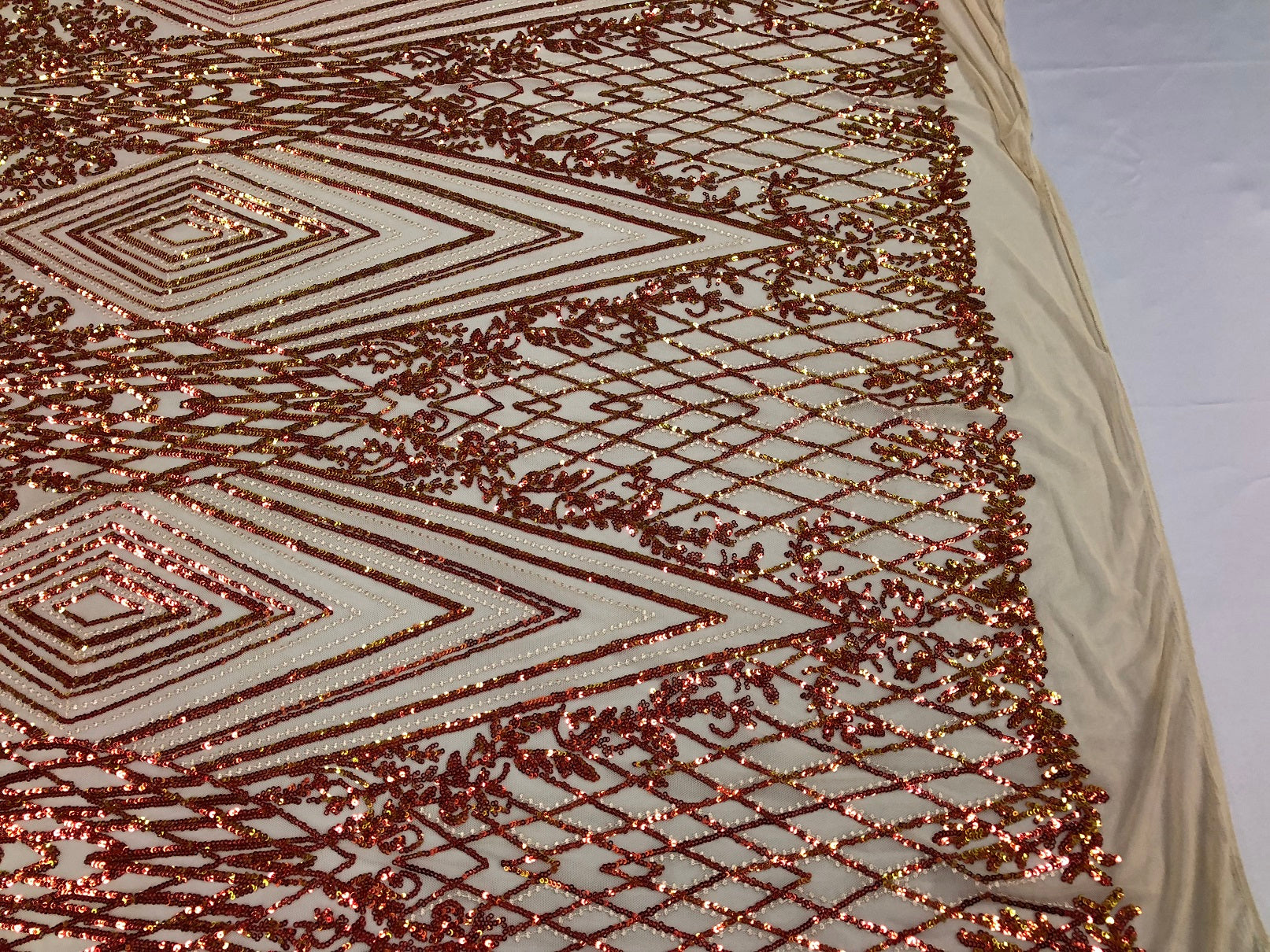 Iridescent - Orange Nude - 4 Way Stretch Sequins Pattern Fabric on Nude Mesh - Sold By The Yard