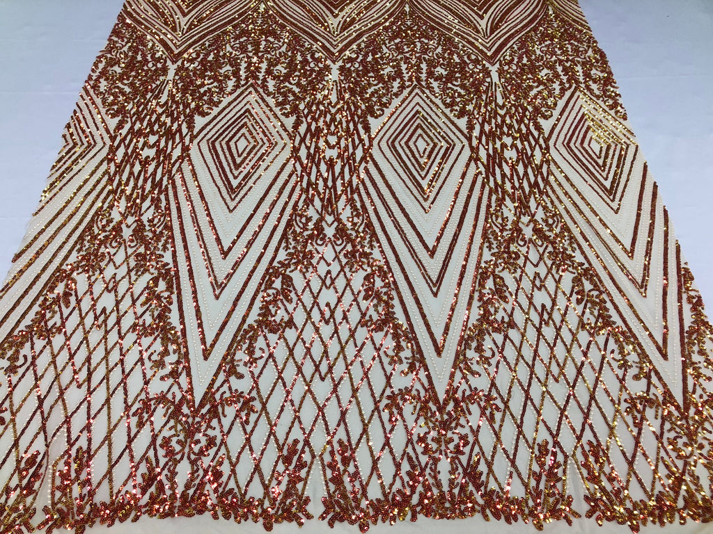 Iridescent - Orange Nude - 4 Way Stretch Sequins Pattern Fabric on Nude Mesh - Sold By The Yard