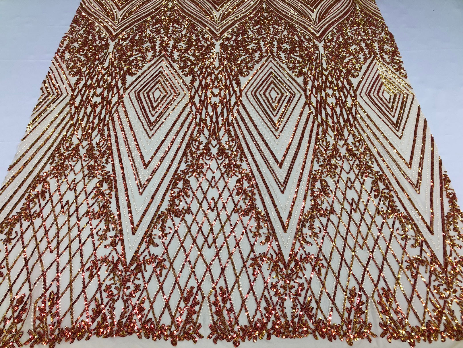 Iridescent - Orange Nude - 4 Way Stretch Sequins Pattern Fabric on Nude Mesh - Sold By The Yard