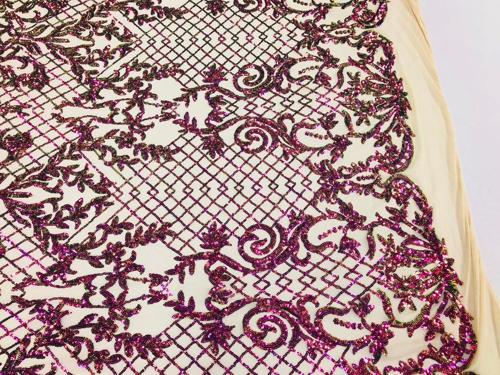 4 Way Stretch - Magenta Gold - Iridescent Sequins Damask Net Pattern Fabric  - Sold By The Yard