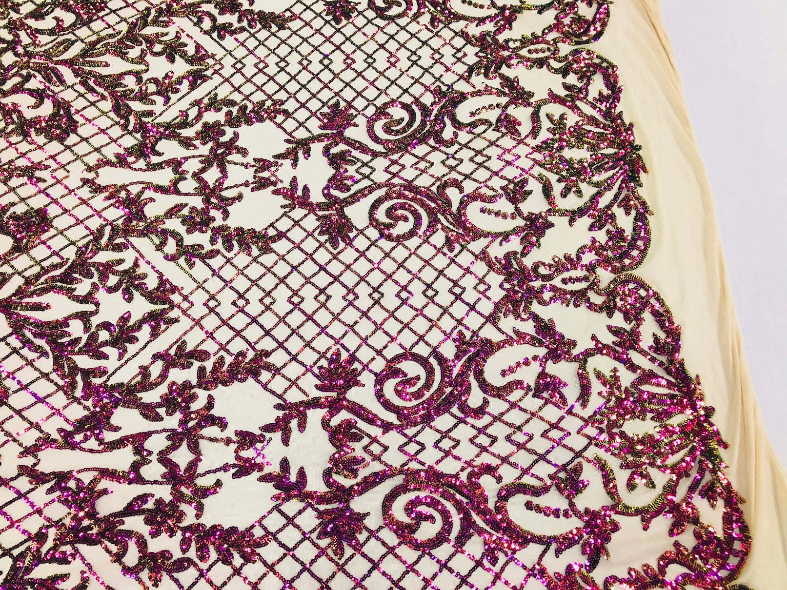 4 Way Stretch - Magenta Gold - Iridescent Sequins Damask Net Pattern Fabric  - Sold By The Yard