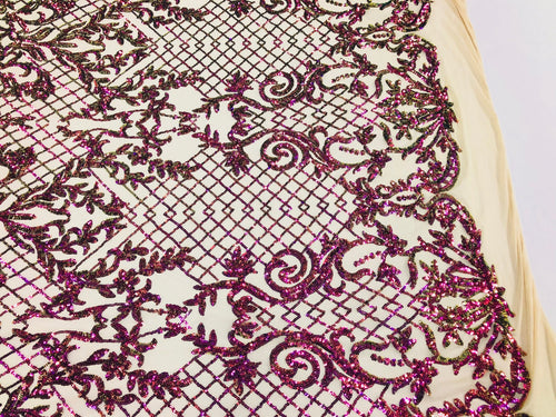 4 Way Stretch - Magenta Gold - Iridescent Sequins Damask Net Pattern Fabric  - Sold By The Yard
