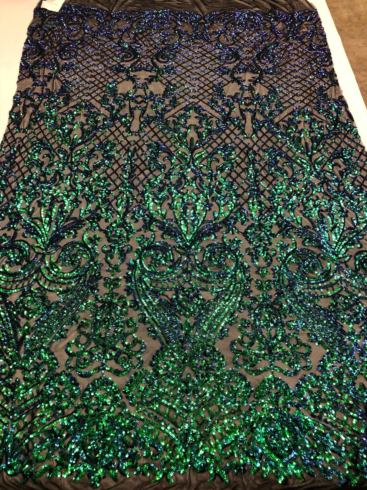 4 Way Stretch - Blue / Green - Iridescent Sequins Damask Net Pattern Fabric  - Sold By The Yard