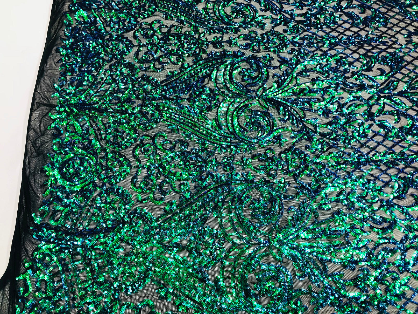 4 Way Stretch - Blue / Green - Iridescent Sequins Damask Net Pattern Fabric  - Sold By The Yard
