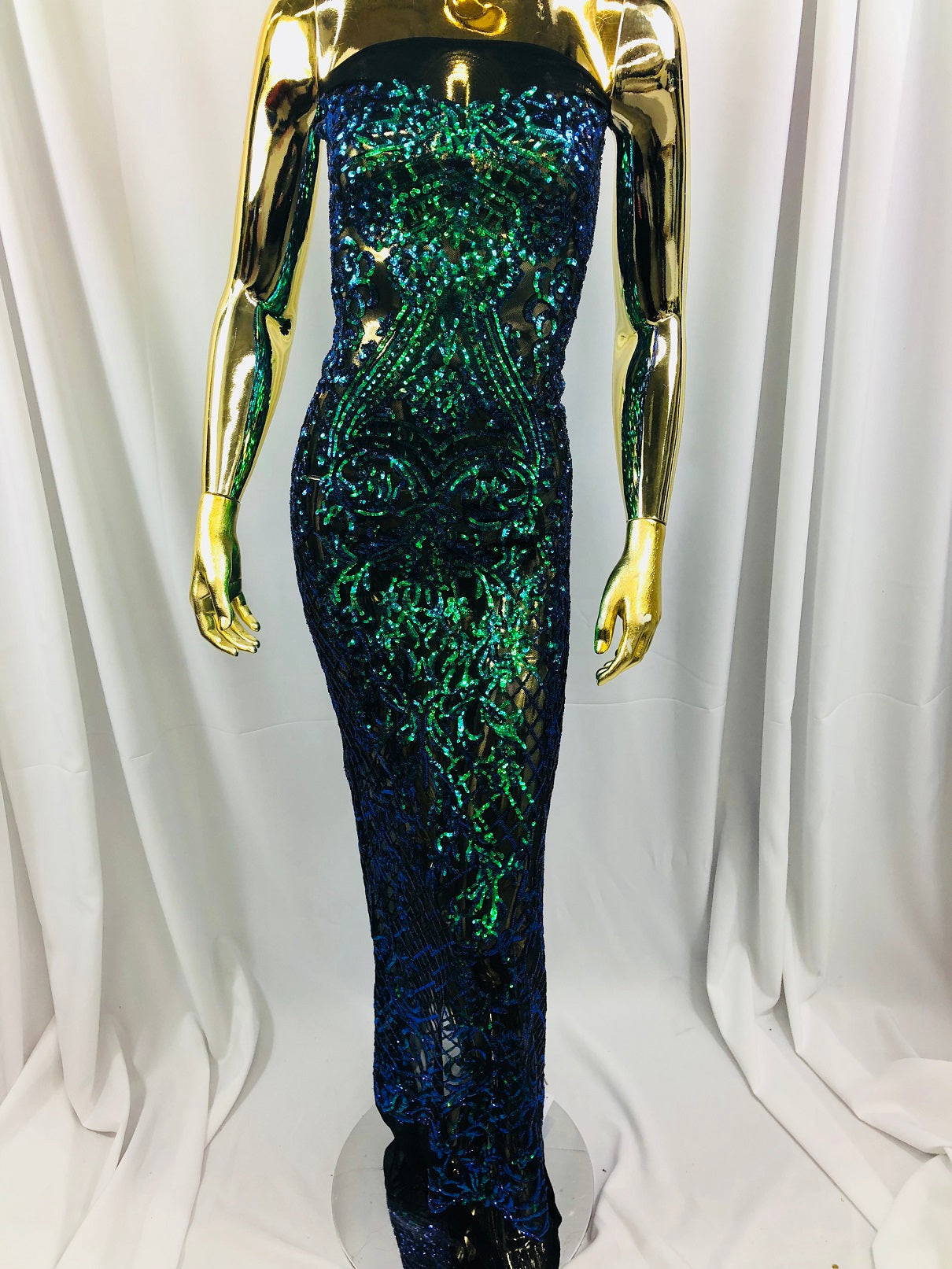4 Way Stretch - Blue / Green - Iridescent Sequins Damask Net Pattern Fabric  - Sold By The Yard