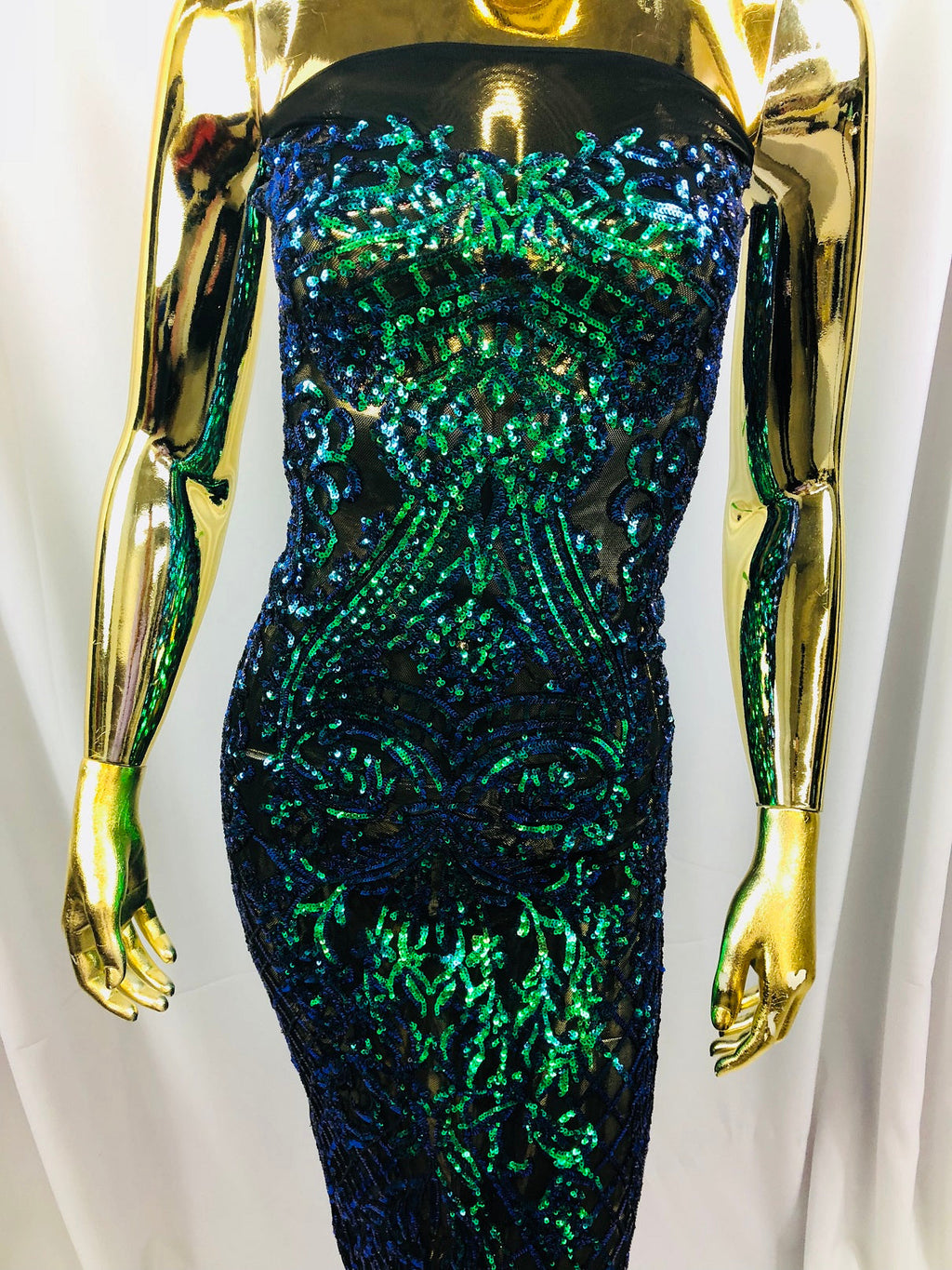 4 Way Stretch - Blue / Green - Iridescent Sequins Damask Net Pattern Fabric  - Sold By The Yard