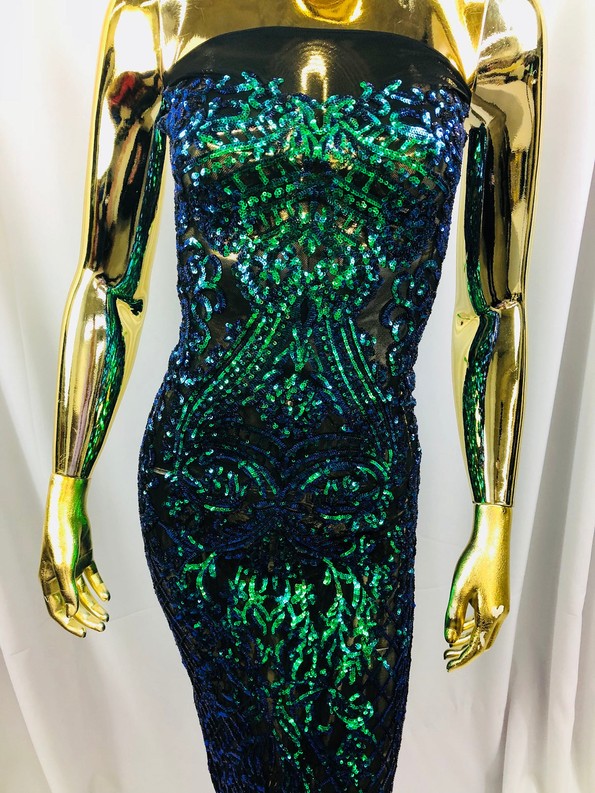 4 Way Stretch - Blue / Green - Iridescent Sequins Damask Net Pattern Fabric  - Sold By The Yard